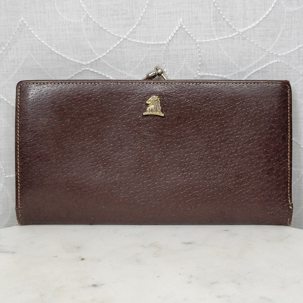 Vintage Mark Cross Checkbook Wallet 7" Brown Kiss Lock Bifold Soft Leather Italy